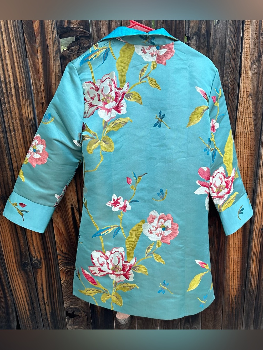 Grace Chuang Jacket, kimono style jacket featuring dragonfly and floral design.